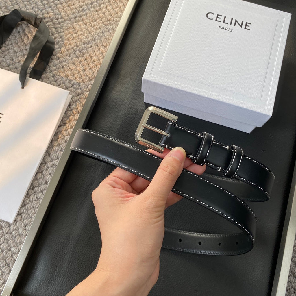 CELINE BELT 25MM IN BLACK REVERSIBLE ITALIAN CALFSKIN WITH VINTAGE SILVER BUCKLE WHITE STITCHING