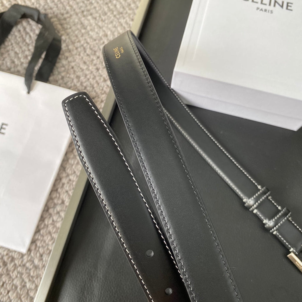 CELINE BELT 25MM IN BLACK REVERSIBLE ITALIAN CALFSKIN WITH VINTAGE SILVER BUCKLE WHITE STITCHING