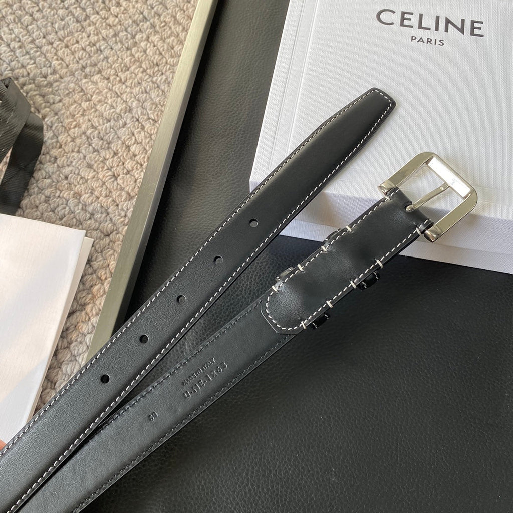 CELINE BELT 25MM IN BLACK REVERSIBLE ITALIAN CALFSKIN WITH VINTAGE SILVER BUCKLE WHITE STITCHING