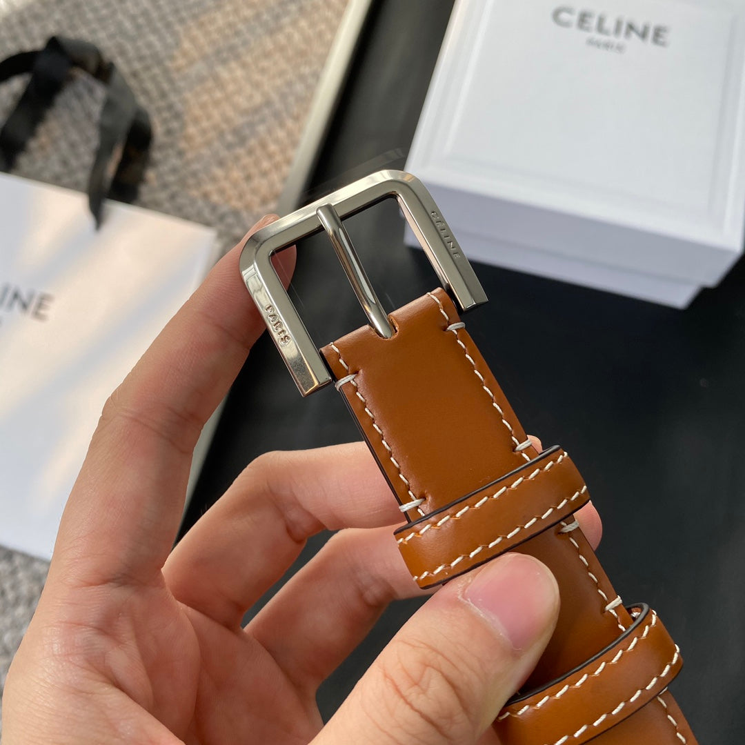 CELINE BELT 25MM IN BROWN REVERSIBLE ITALIAN CALFSKIN WITH VINTAGE SILVER BRASS BUCKLE