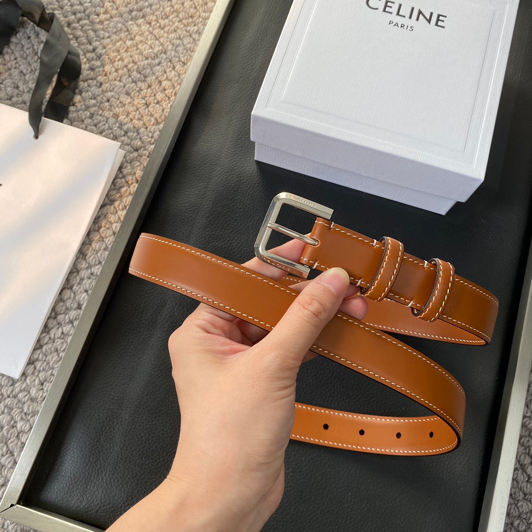 CELINE BELT 25MM IN BROWN REVERSIBLE ITALIAN CALFSKIN WITH VINTAGE SILVER BRASS BUCKLE