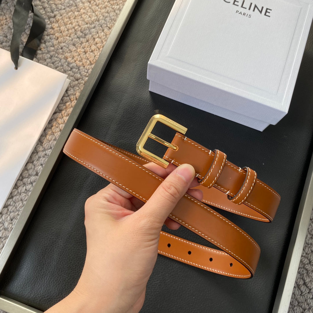 CELINE BELT 25MM IN BROWN REVERSIBLE ITALIAN CALFSKIN WITH VINTAGE GOLD BRASS BUCKLE