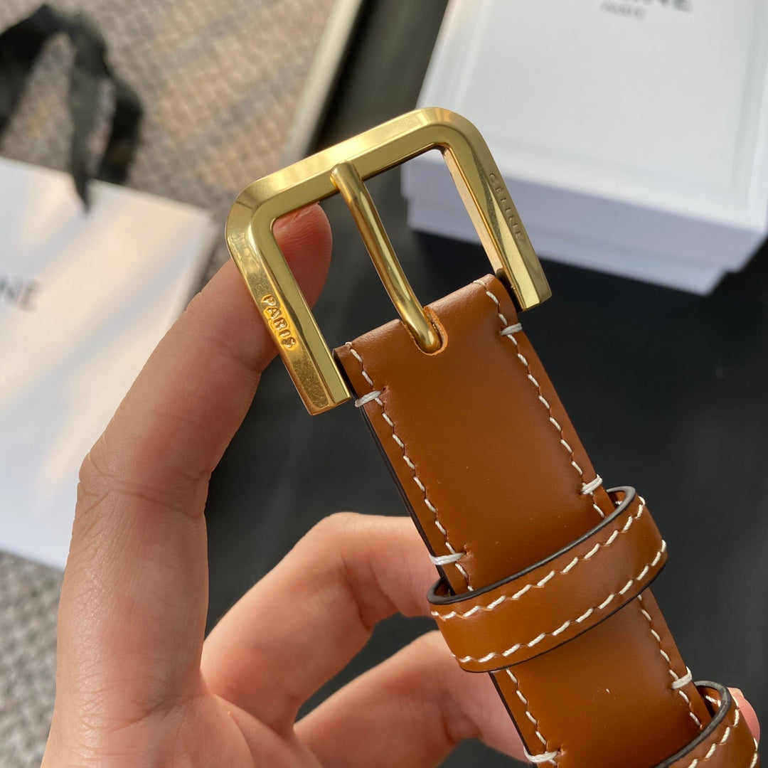 CELINE BELT 25MM IN BROWN REVERSIBLE ITALIAN CALFSKIN WITH VINTAGE GOLD BRASS BUCKLE
