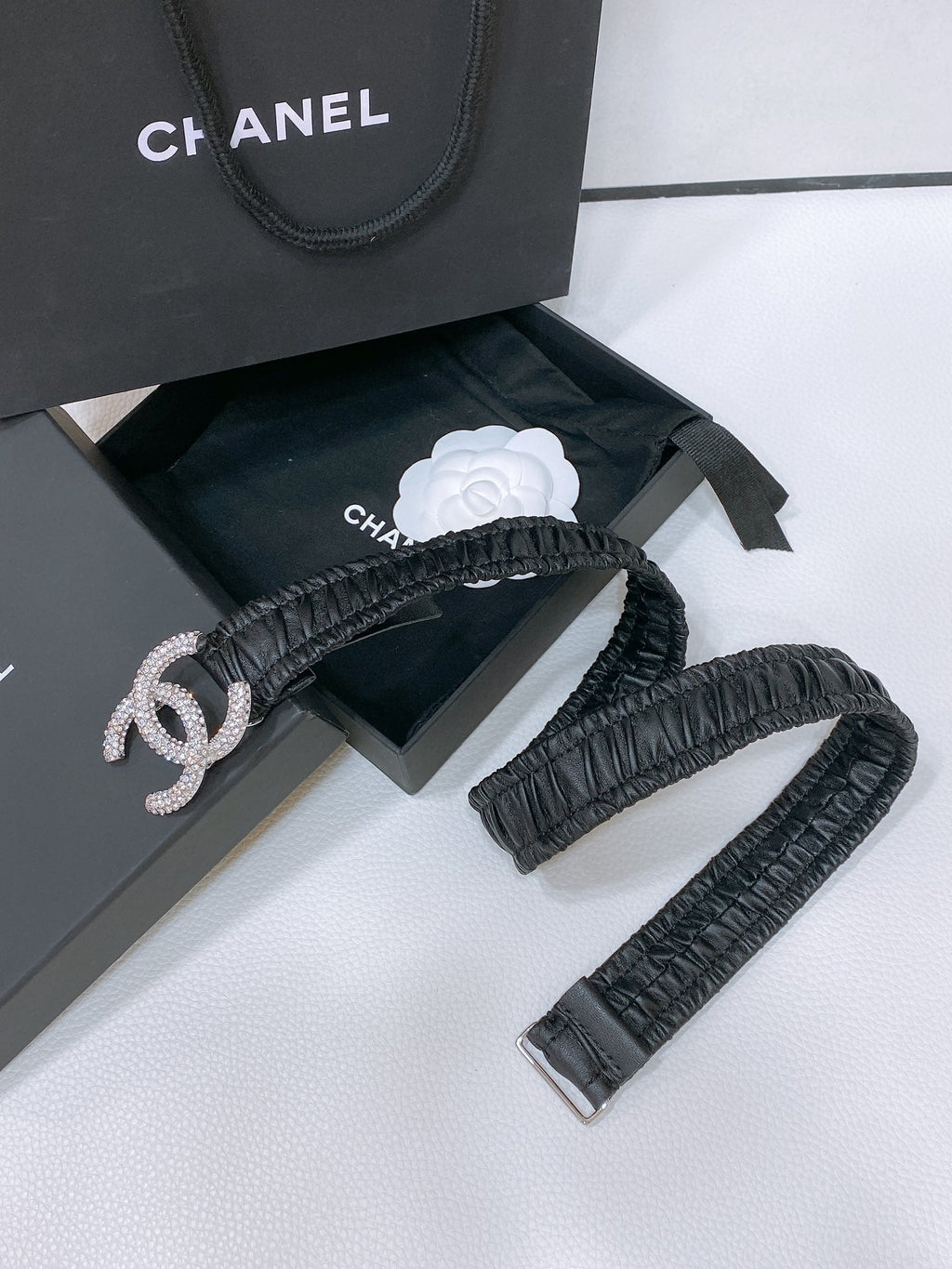 CHANEL ELASTIC BELT 30MM IN BLACK CALFSKIN SILVER HARDWARE WITH RHINSTONES