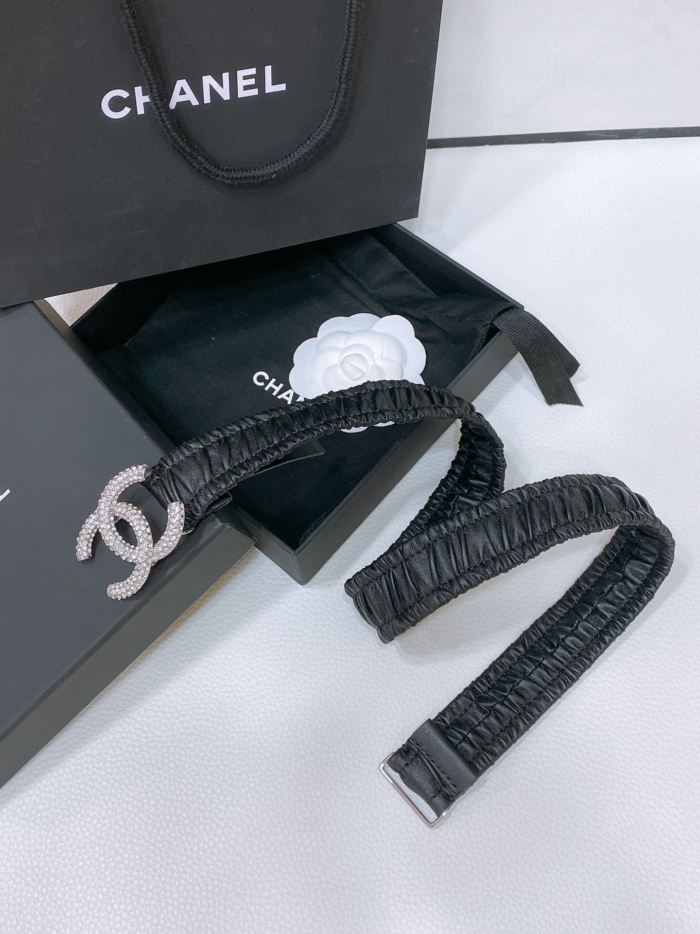 CHANEL ELASTIC BELT 30MM IN BLACK CALFSKIN SILVER HARDWARE WITH RHINSTONES