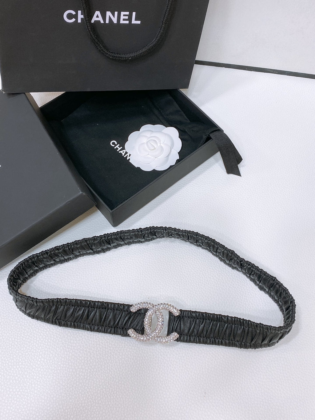 CHANEL ELASTIC BELT 30MM IN BLACK CALFSKIN SILVER HARDWARE WITH RHINSTONES