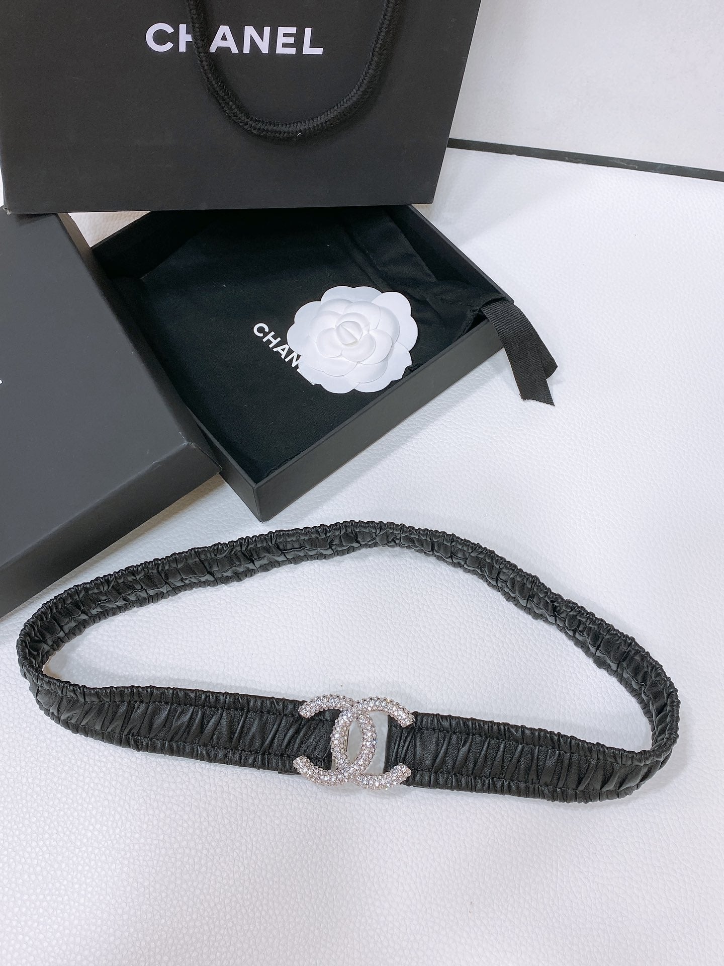 CHANEL ELASTIC BELT 30MM IN BLACK CALFSKIN SILVER HARDWARE WITH RHINSTONES