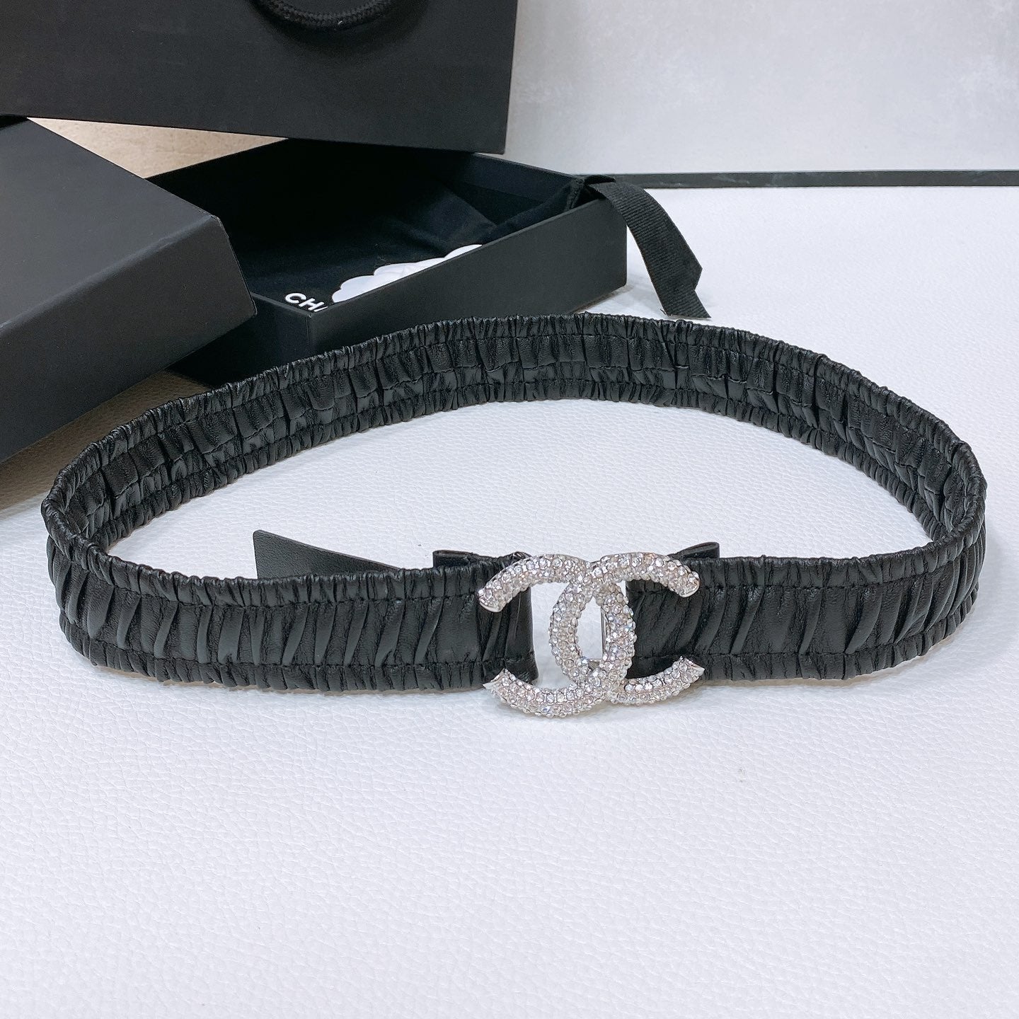 CHANEL ELASTIC BELT 30MM IN BLACK CALFSKIN SILVER HARDWARE WITH RHINSTONES