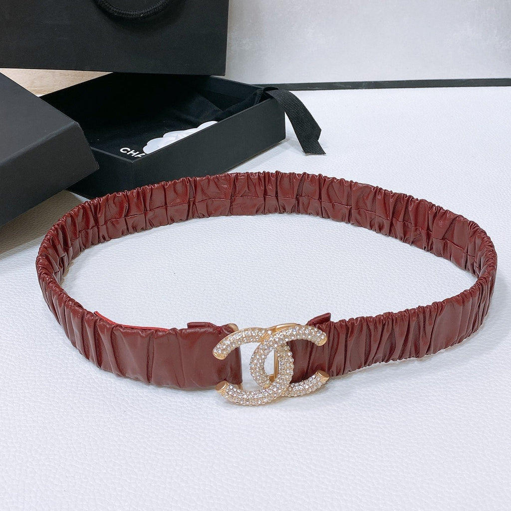 CHANEL ELASTIC BELT 30MM IN WINE RED CALFSKIN GOLD HARDWARE WITH RHINSTONES