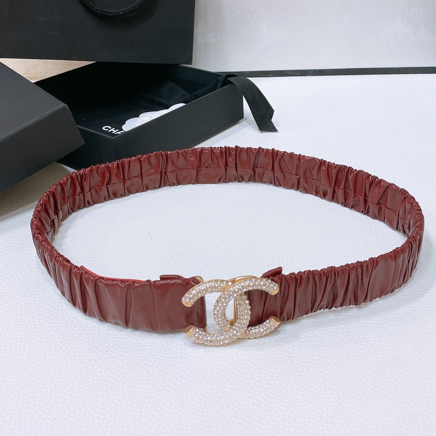 CHANEL ELASTIC BELT 30MM IN WINE RED CALFSKIN GOLD HARDWARE WITH RHINSTONES