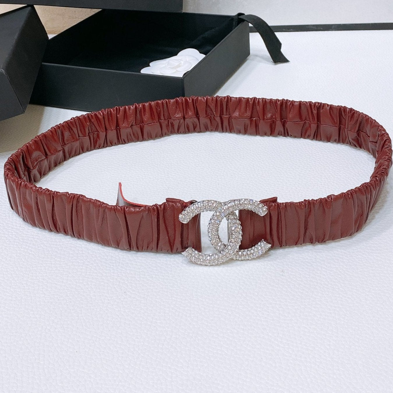 CHANEL ELASTIC BELT 30MM IN WINE RED CALFSKIN SILVER HARDWARE WITH RHINSTONES
