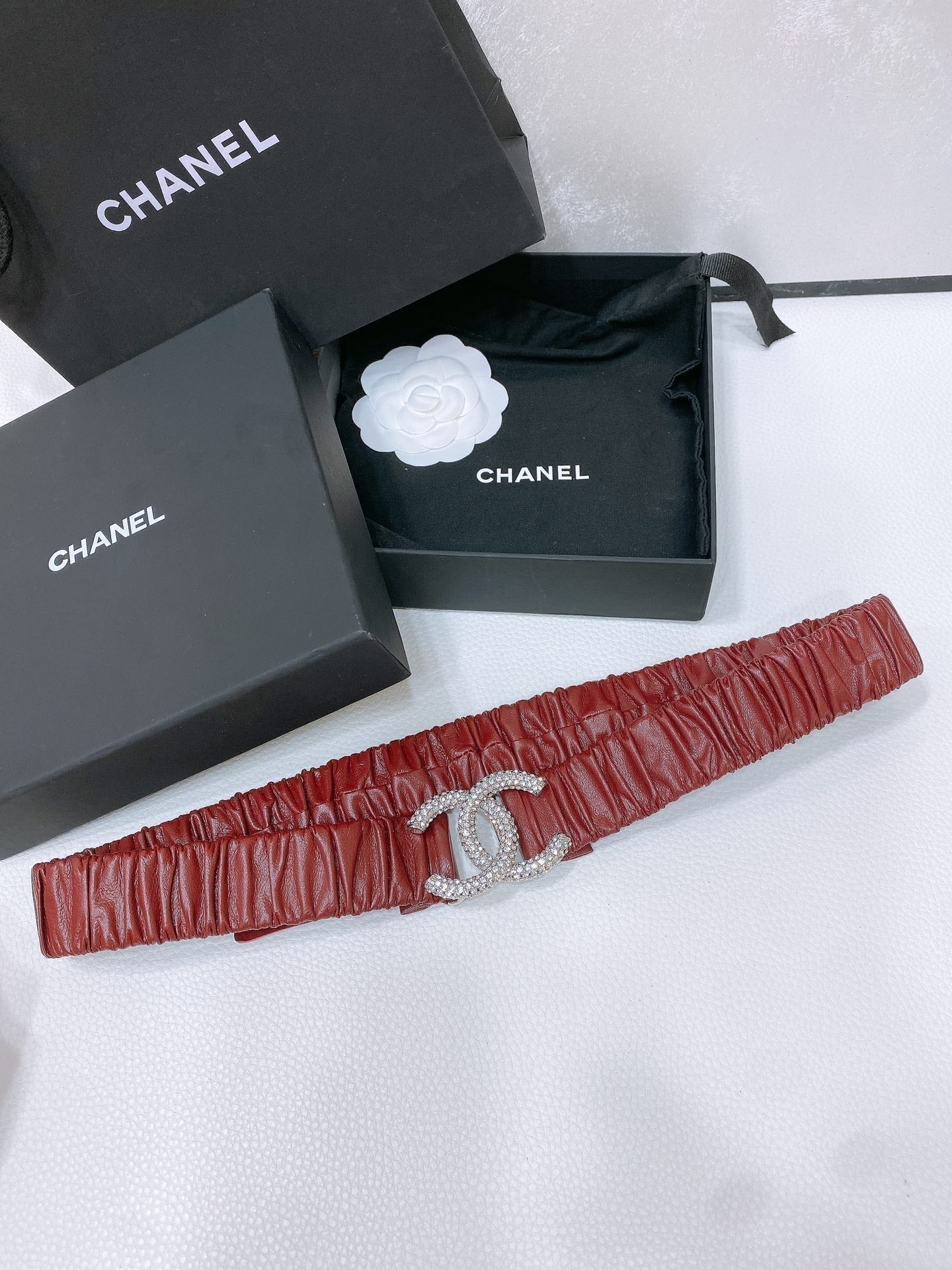 CHANEL ELASTIC BELT 30MM IN WINE RED CALFSKIN SILVER HARDWARE WITH RHINSTONES