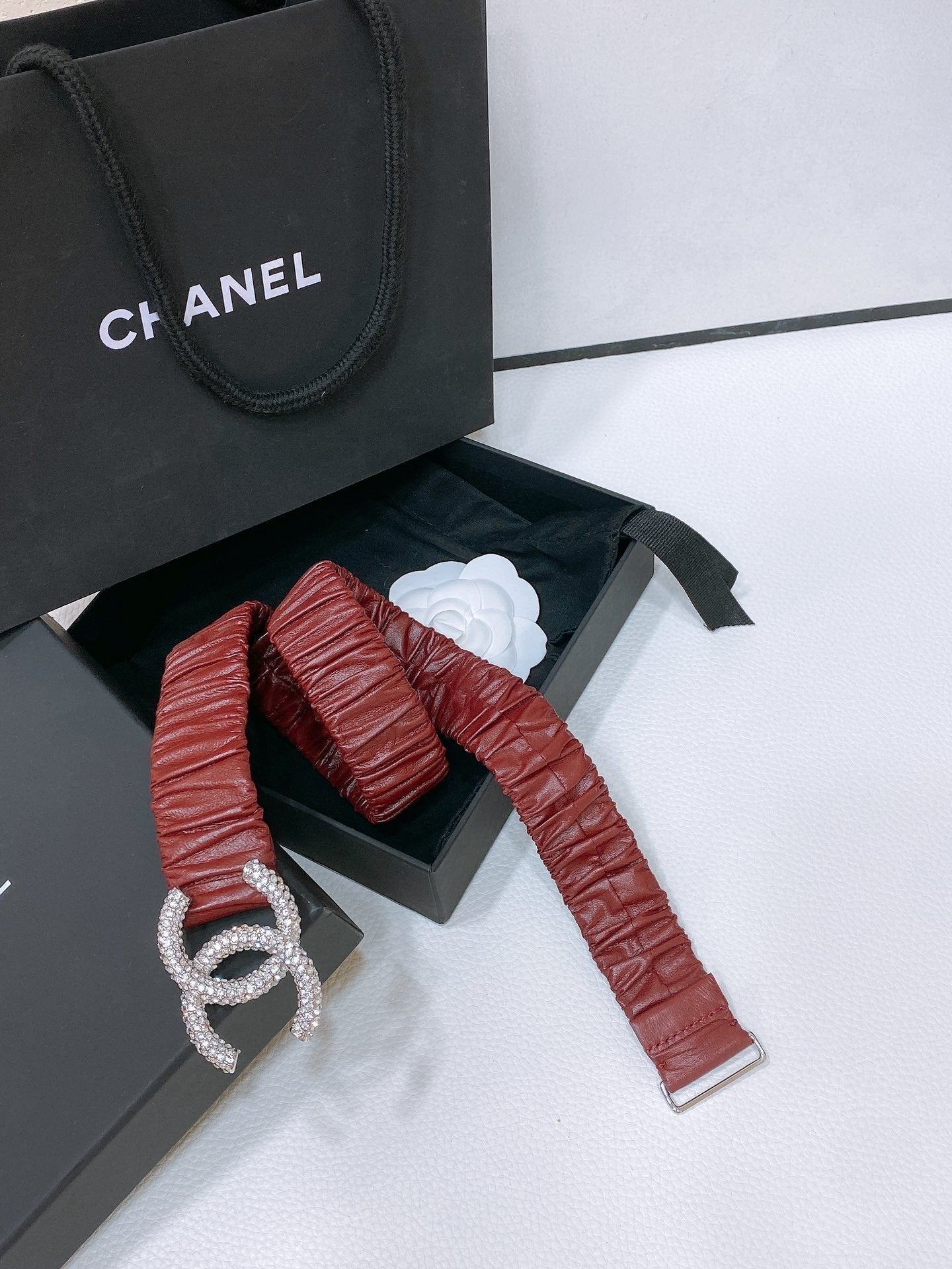 CHANEL ELASTIC BELT 30MM IN WINE RED CALFSKIN SILVER HARDWARE WITH RHINSTONES