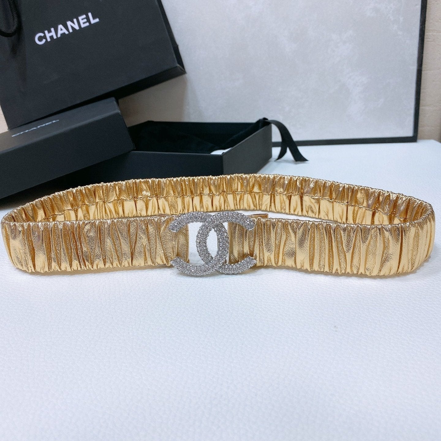 CHANEL ELASTIC BELT 30MM IN GOLD CALFSKIN SILVER HARDWARE WITH RHINSTONES