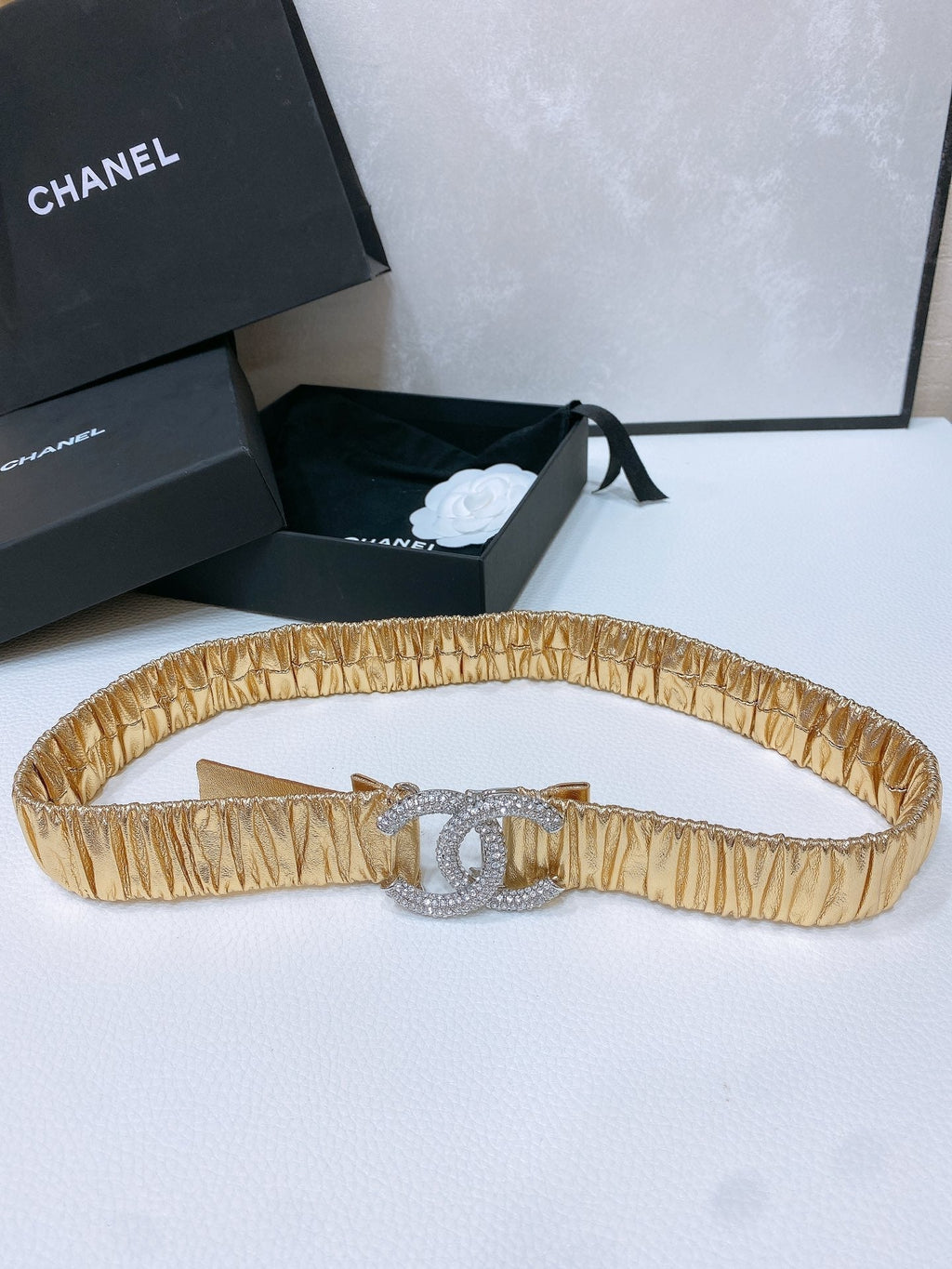 CHANEL ELASTIC BELT 30MM IN GOLD CALFSKIN SILVER HARDWARE WITH RHINSTONES