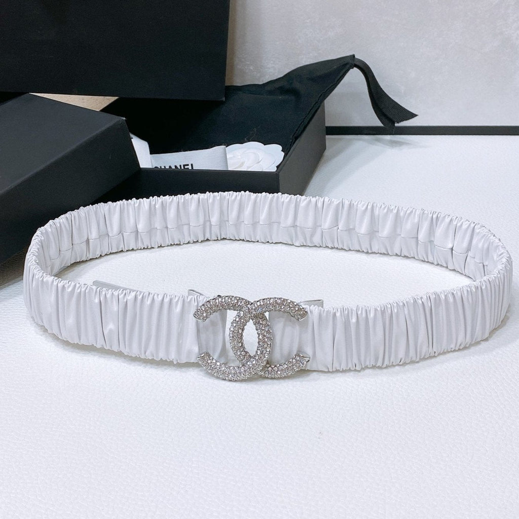 CHANEL ELASTIC BELT 30MM IN WHITE CALFSKIN SILVER HARDWARE WITH RHINSTONES