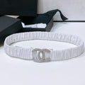 CHANEL ELASTIC BELT 30MM IN WHITE CALFSKIN SILVER HARDWARE WITH RHINSTONES