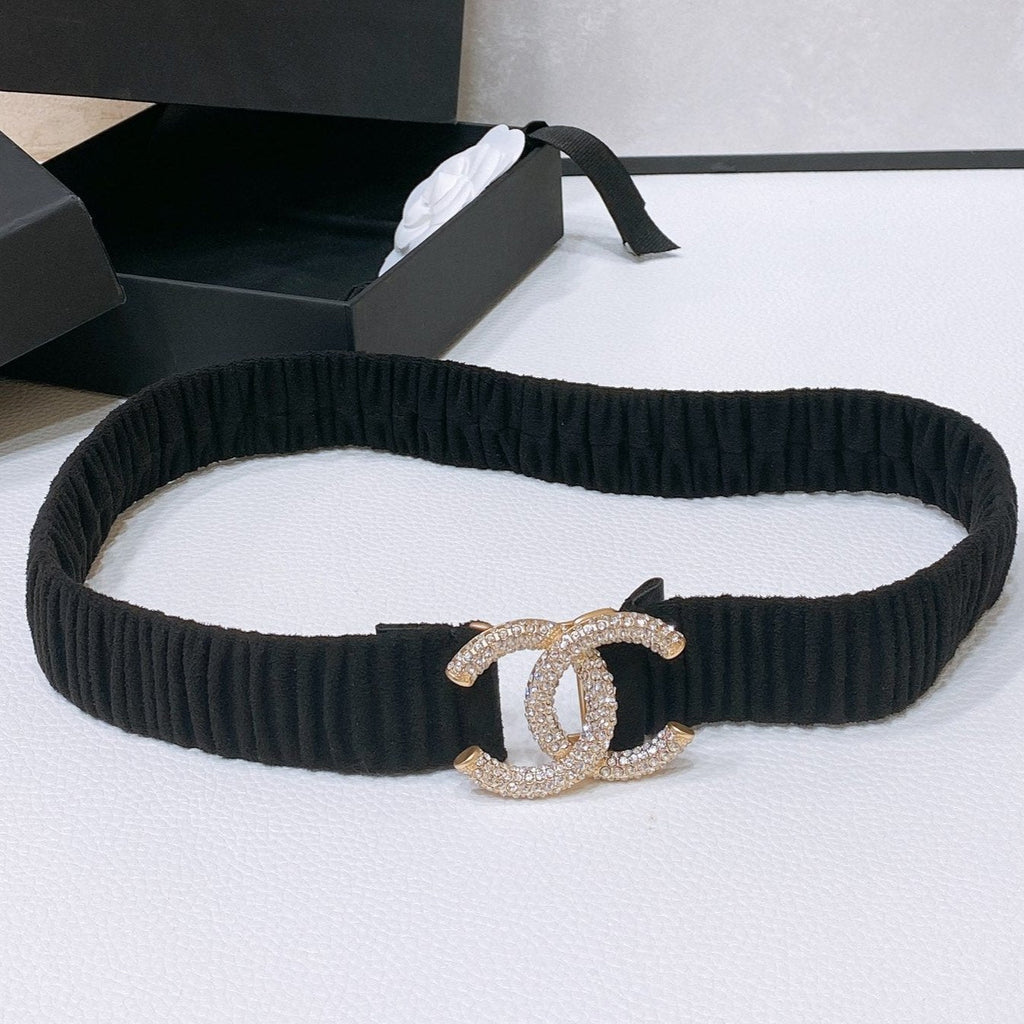 CHANEL ELASTIC BELT 30MM IN BLACK WOOL FABRIC GOLD HARDWARE WITH RHINSTONES