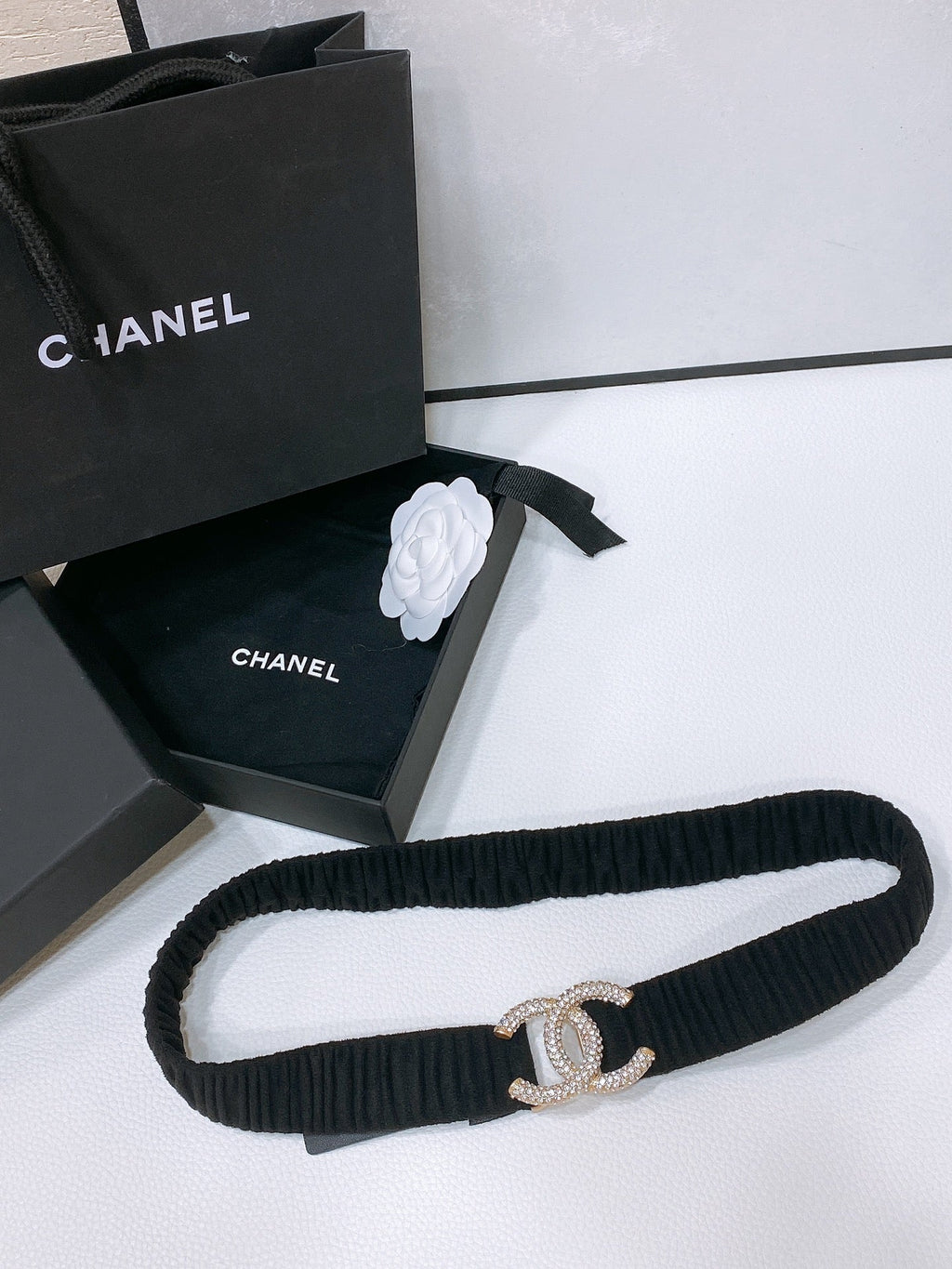 CHANEL ELASTIC BELT 30MM IN BLACK WOOL FABRIC GOLD HARDWARE WITH RHINSTONES