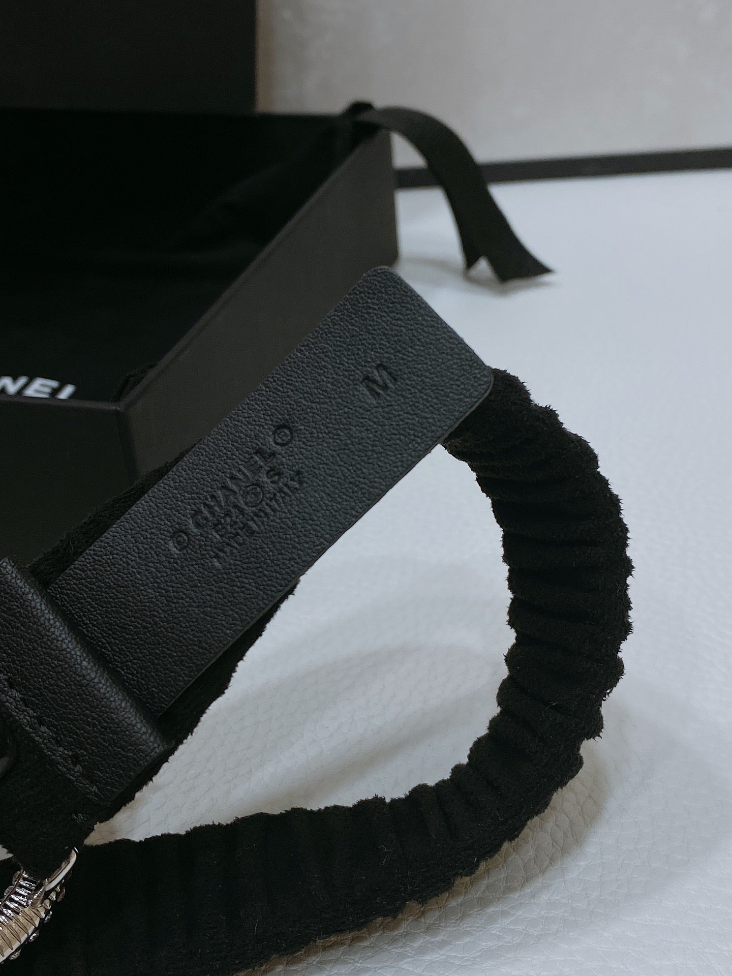 CHANEL ELASTIC BELT 30MM IN BLACK WOOL FABRIC SILVER HARDWARE WITH RHINSTONES
