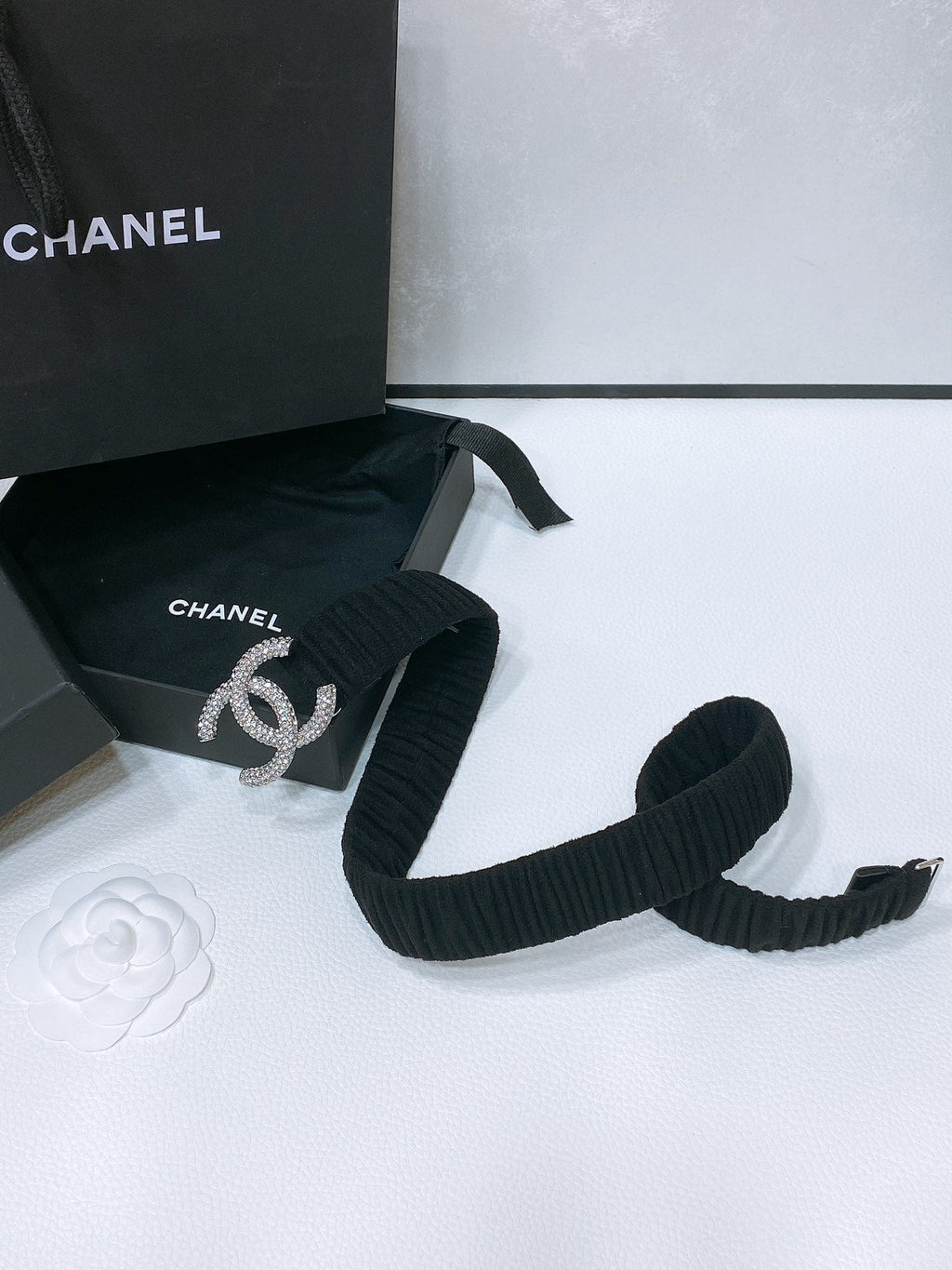 CHANEL ELASTIC BELT 30MM IN BLACK WOOL FABRIC SILVER HARDWARE WITH RHINSTONES