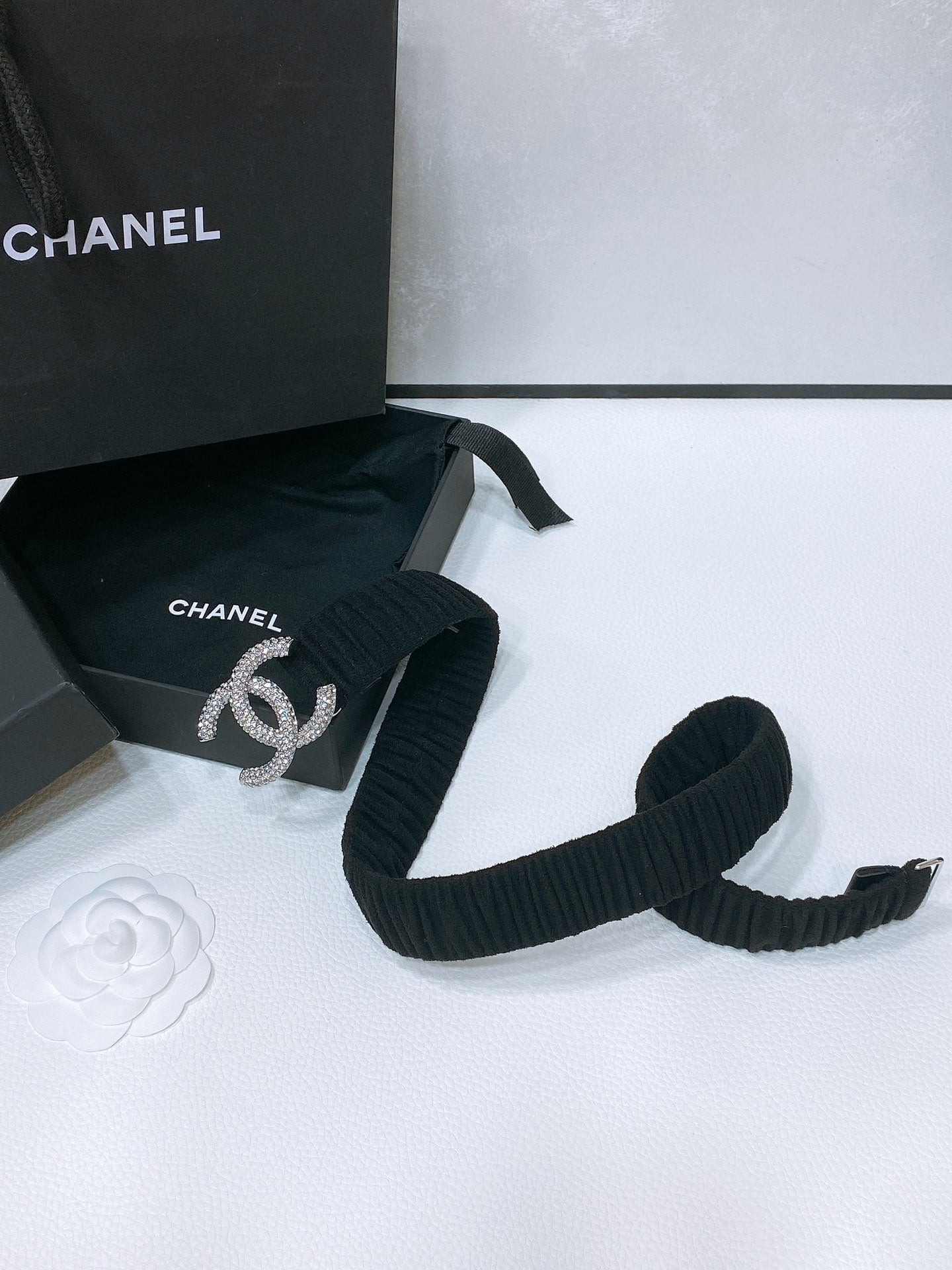 CHANEL ELASTIC BELT 30MM IN BLACK WOOL FABRIC SILVER HARDWARE WITH RHINSTONES