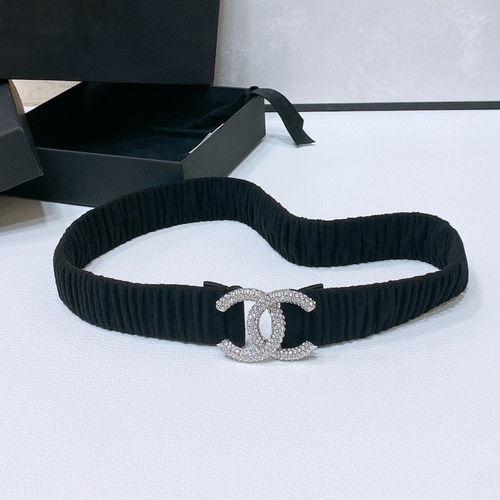 CHANEL ELASTIC BELT 30MM IN BLACK WOOL FABRIC SILVER HARDWARE WITH RHINSTONES