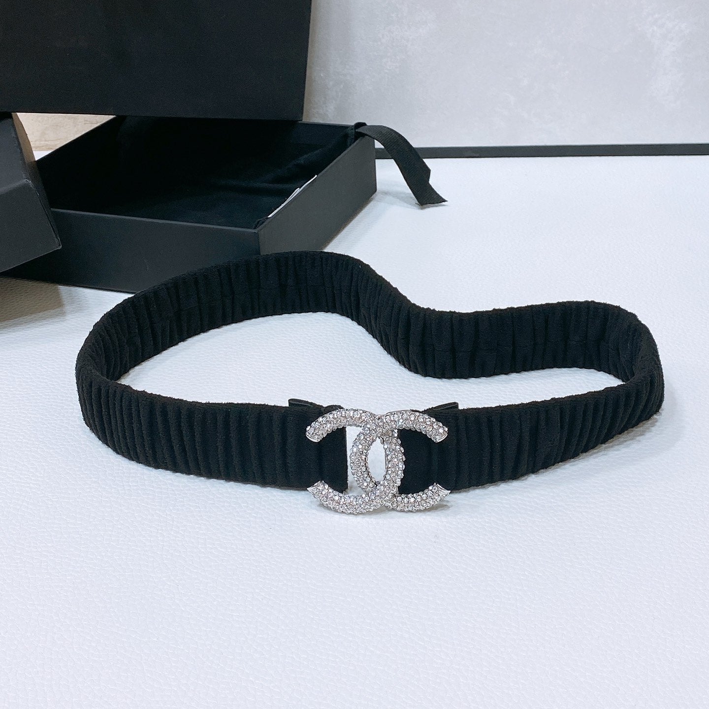 CHANEL ELASTIC BELT 30MM IN BLACK WOOL FABRIC SILVER HARDWARE WITH RHINSTONES