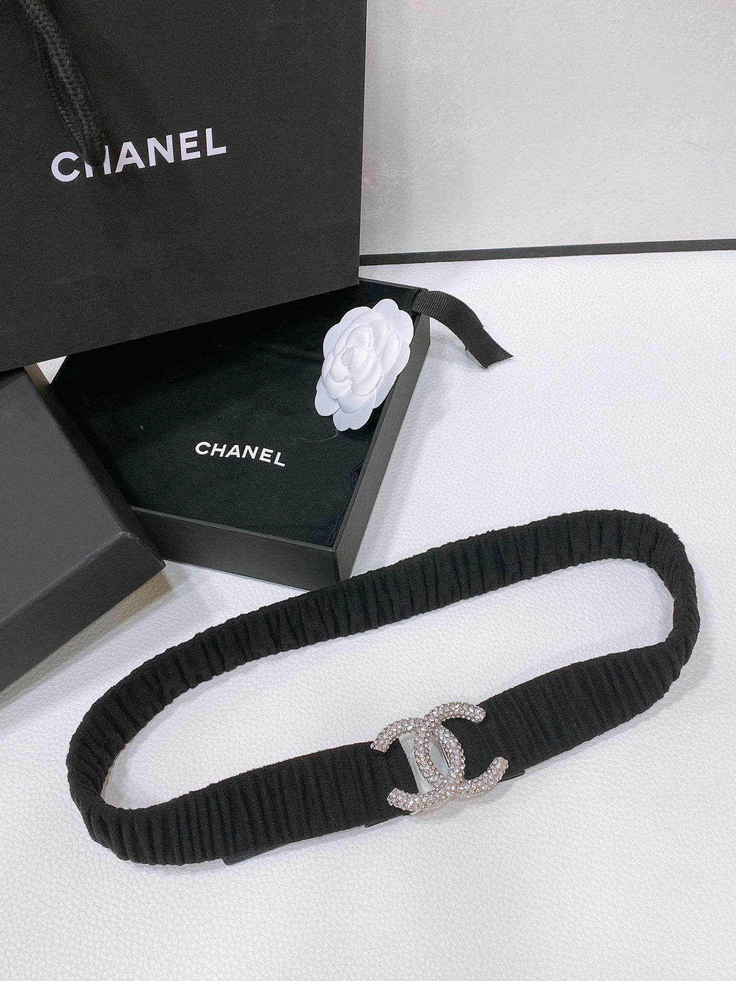 CHANEL ELASTIC BELT 30MM IN BLACK WOOL FABRIC SILVER HARDWARE WITH RHINSTONES