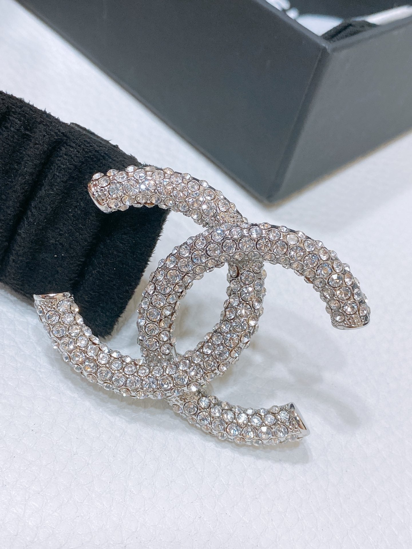 CHANEL ELASTIC BELT 30MM IN BLACK WOOL FABRIC SILVER HARDWARE WITH RHINSTONES
