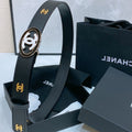 CHANEL 30MM BELT IN BLACK SMOOTH CALFSKIN WHITE MIX BLACK METAL LOGO GOLD HARDWARE