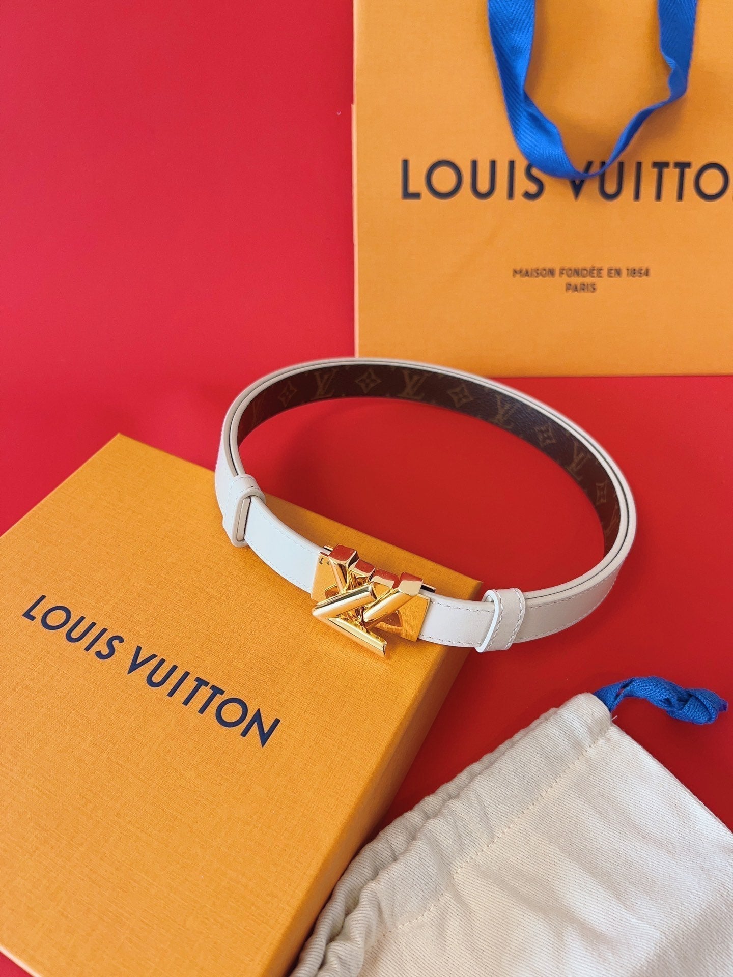LOUIS VUITTON LV GO-14 20MM BELT IN WHITE CALFSKIN GOLD HARDWARE
