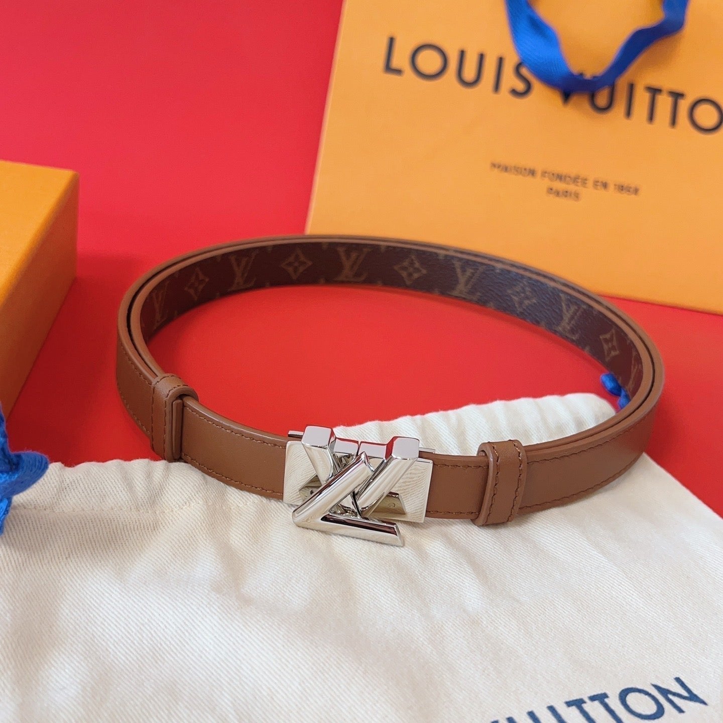 LOUIS VUITTON LV GO-14 20MM BELT IN BRONZE BROWN CALFSKIN SILVER HARDWARE