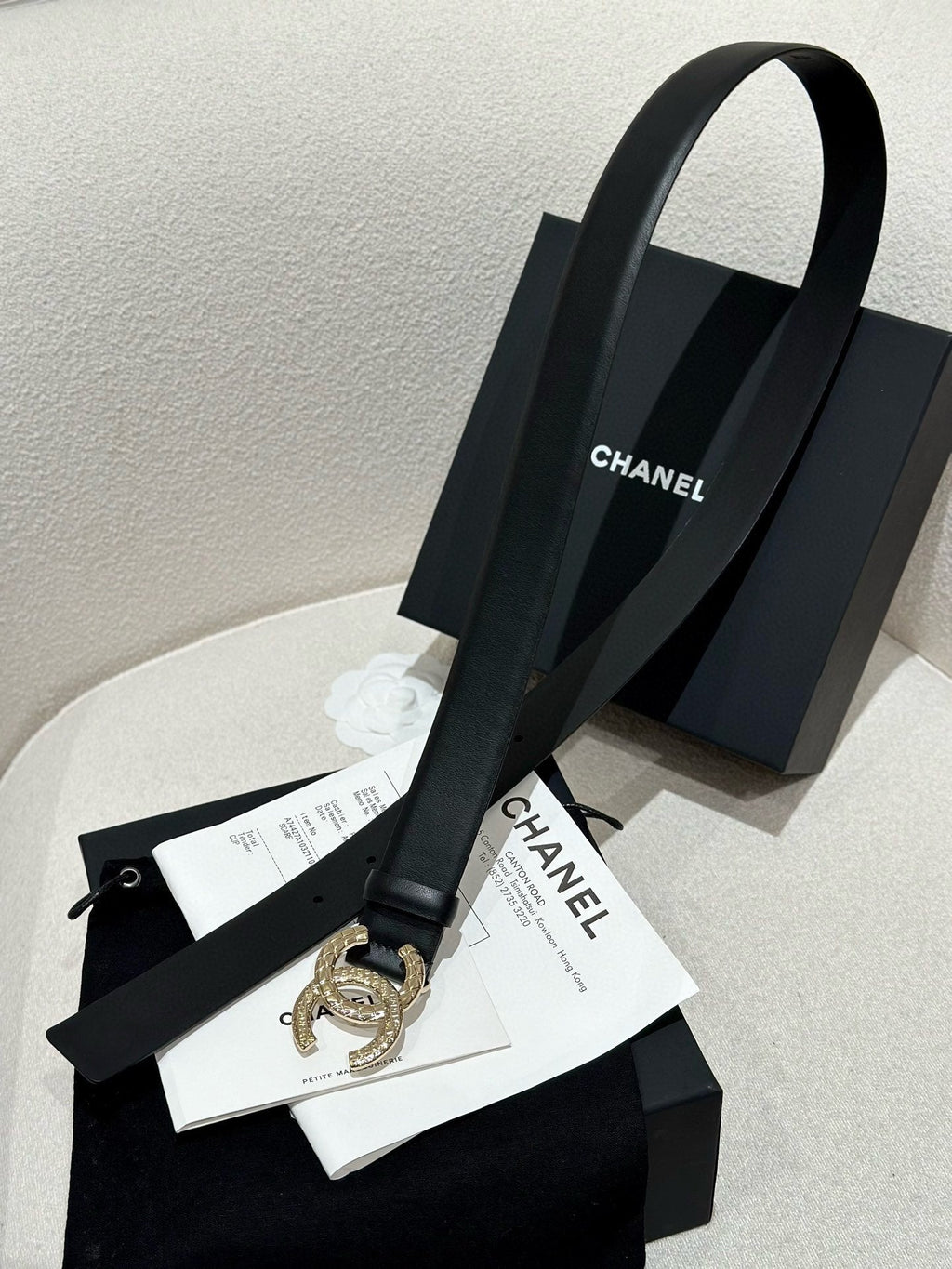 CHANEL DOUBLE C BELT 30MM IN BLACK CALFSKIN WITH GOLD HARDWARE AND CARO STITCHING