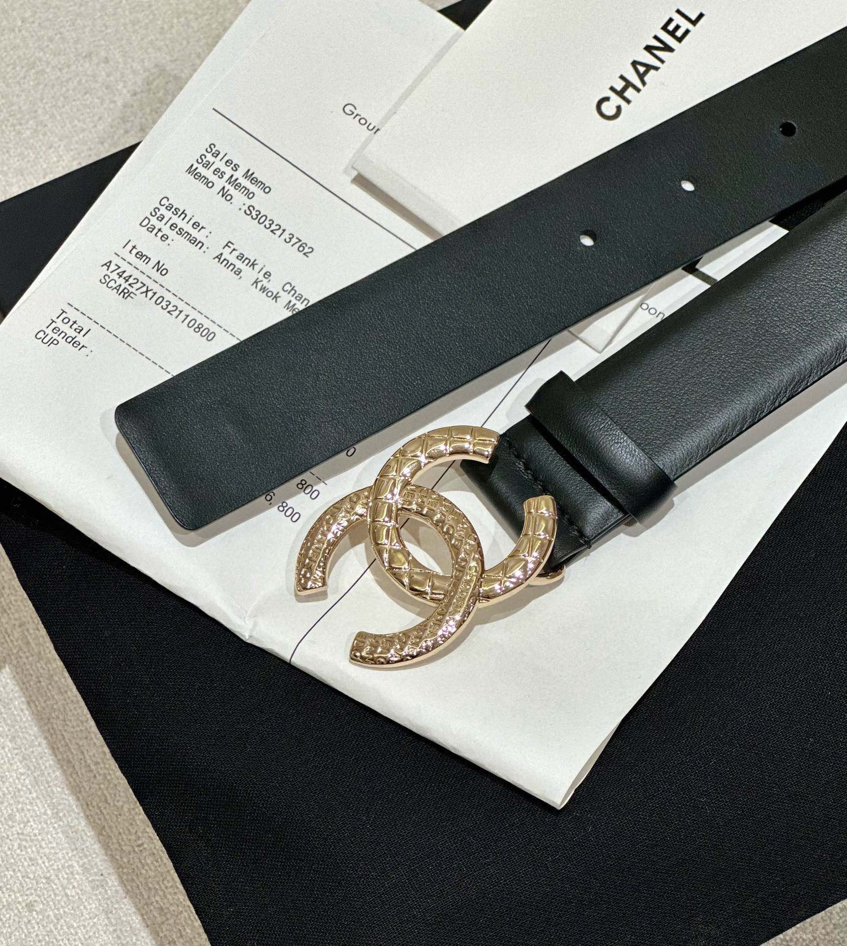 CHANEL DOUBLE C BELT 30MM IN BLACK CALFSKIN WITH GOLD HARDWARE AND CARO STITCHING
