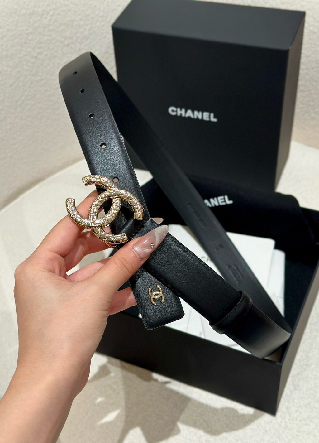 CHANEL DOUBLE C BELT 30MM IN BLACK CALFSKIN WITH GOLD HARDWARE AND CARO STITCHING