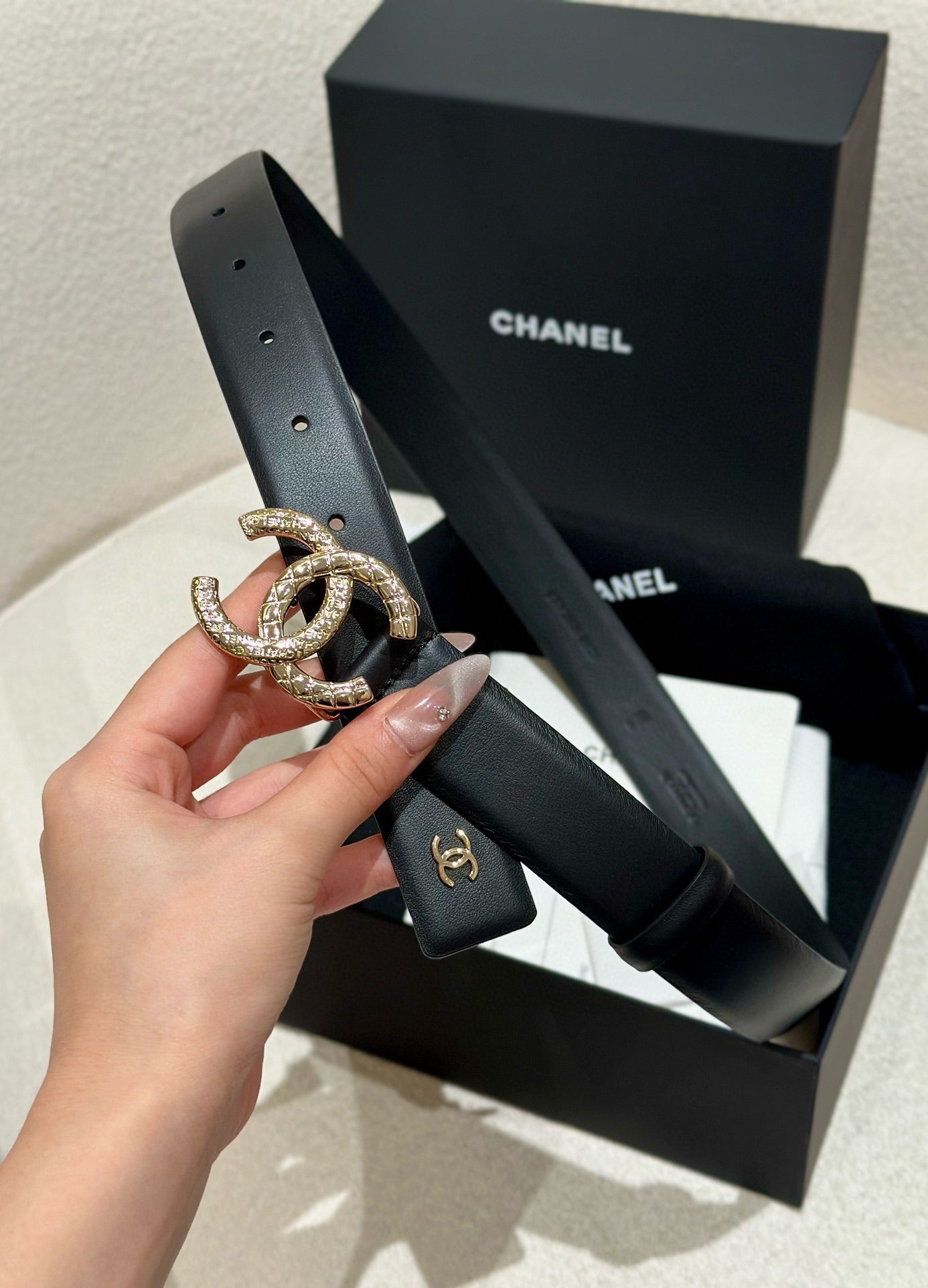 CHANEL DOUBLE C BELT 30MM IN BLACK CALFSKIN WITH GOLD HARDWARE AND CARO STITCHING