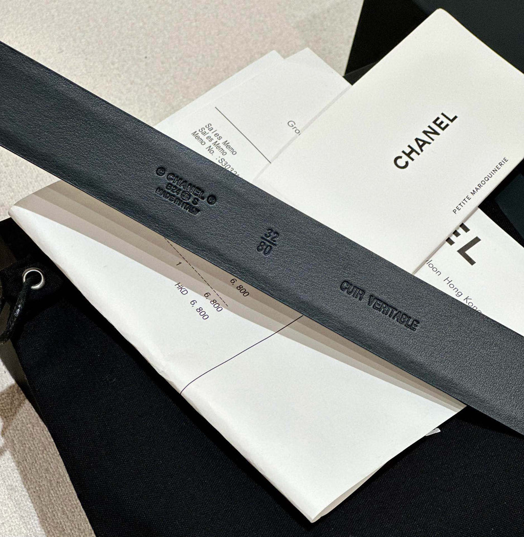 CHANEL DOUBLE C BELT 30MM IN BLACK CALFSKIN WITH GOLD HARDWARE AND CARO STITCHING