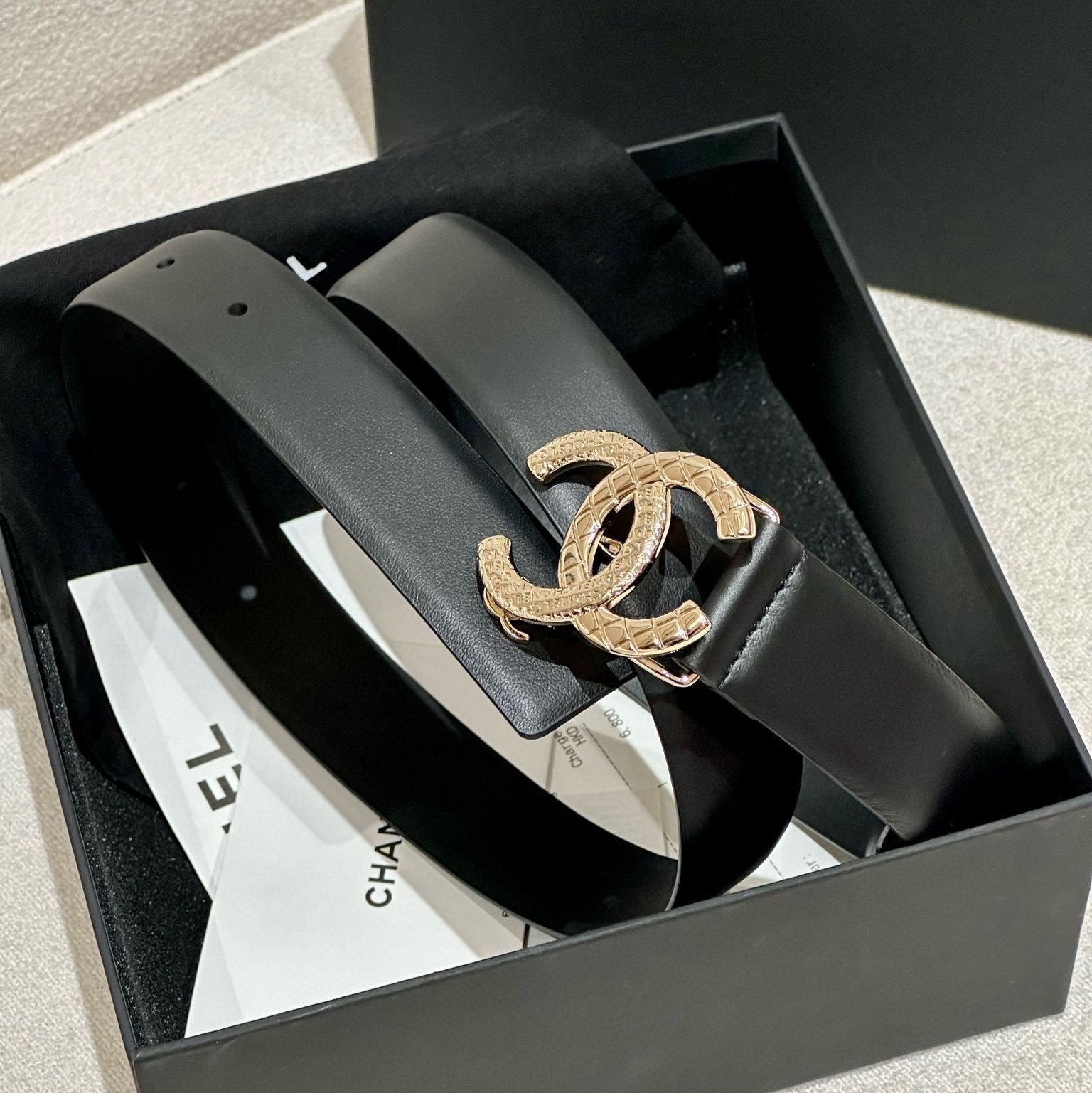 CHANEL DOUBLE C BELT 30MM IN BLACK CALFSKIN WITH GOLD HARDWARE AND CARO STITCHING