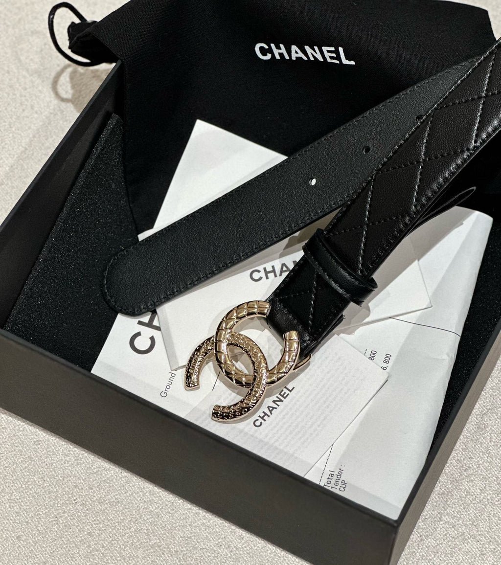 CHANEL DOUBLE C BELT 30MM IN BLACK CALFSKIN EMBOSSED LOGO GOLD BUCKLE