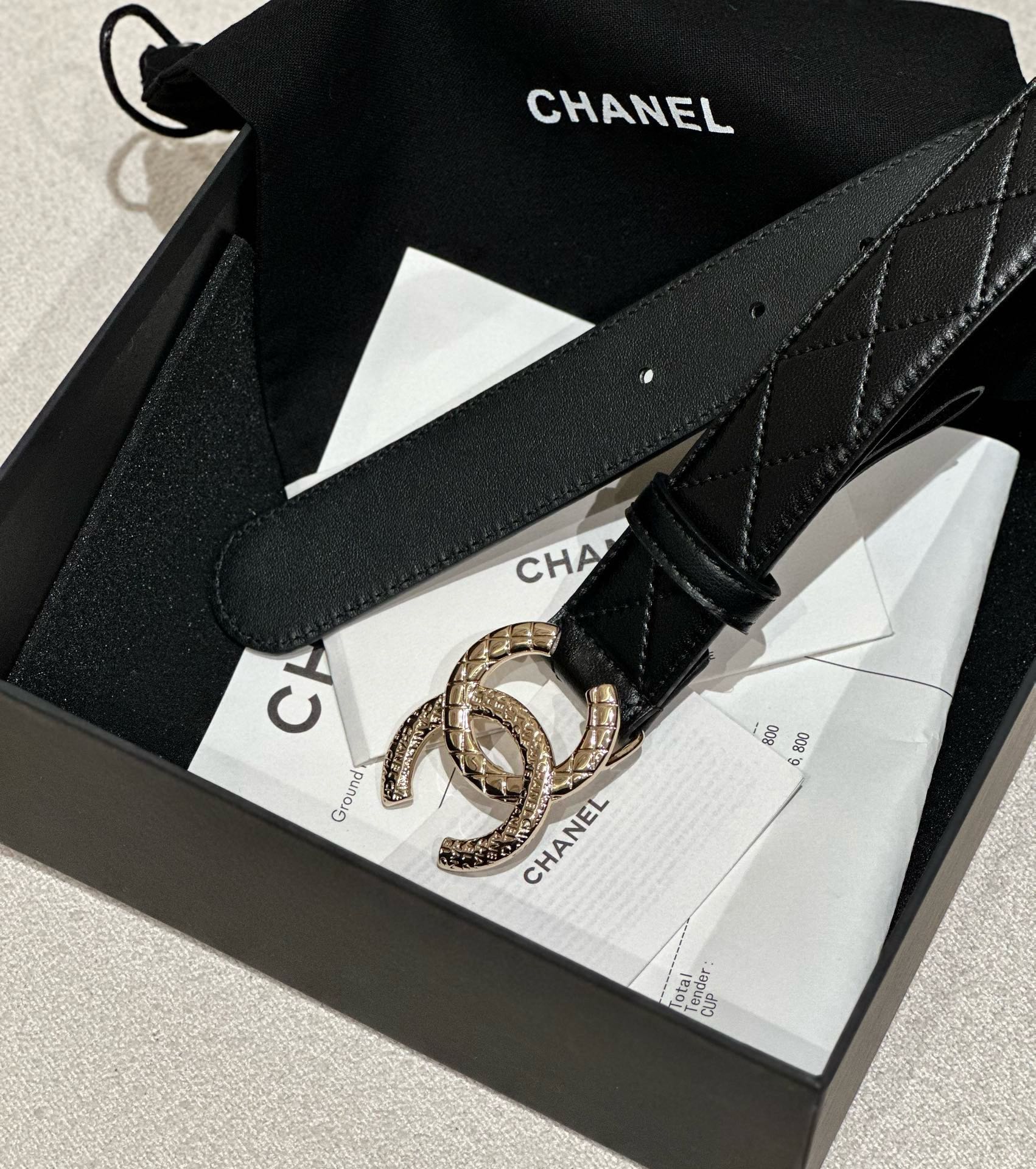 CHANEL DOUBLE C BELT 30MM IN BLACK CALFSKIN EMBOSSED LOGO GOLD BUCKLE