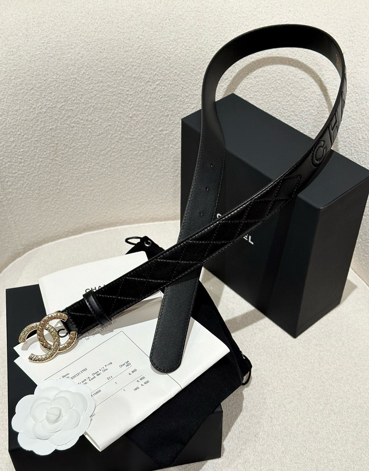 CHANEL DOUBLE C BELT 30MM IN BLACK CALFSKIN EMBOSSED LOGO GOLD BUCKLE