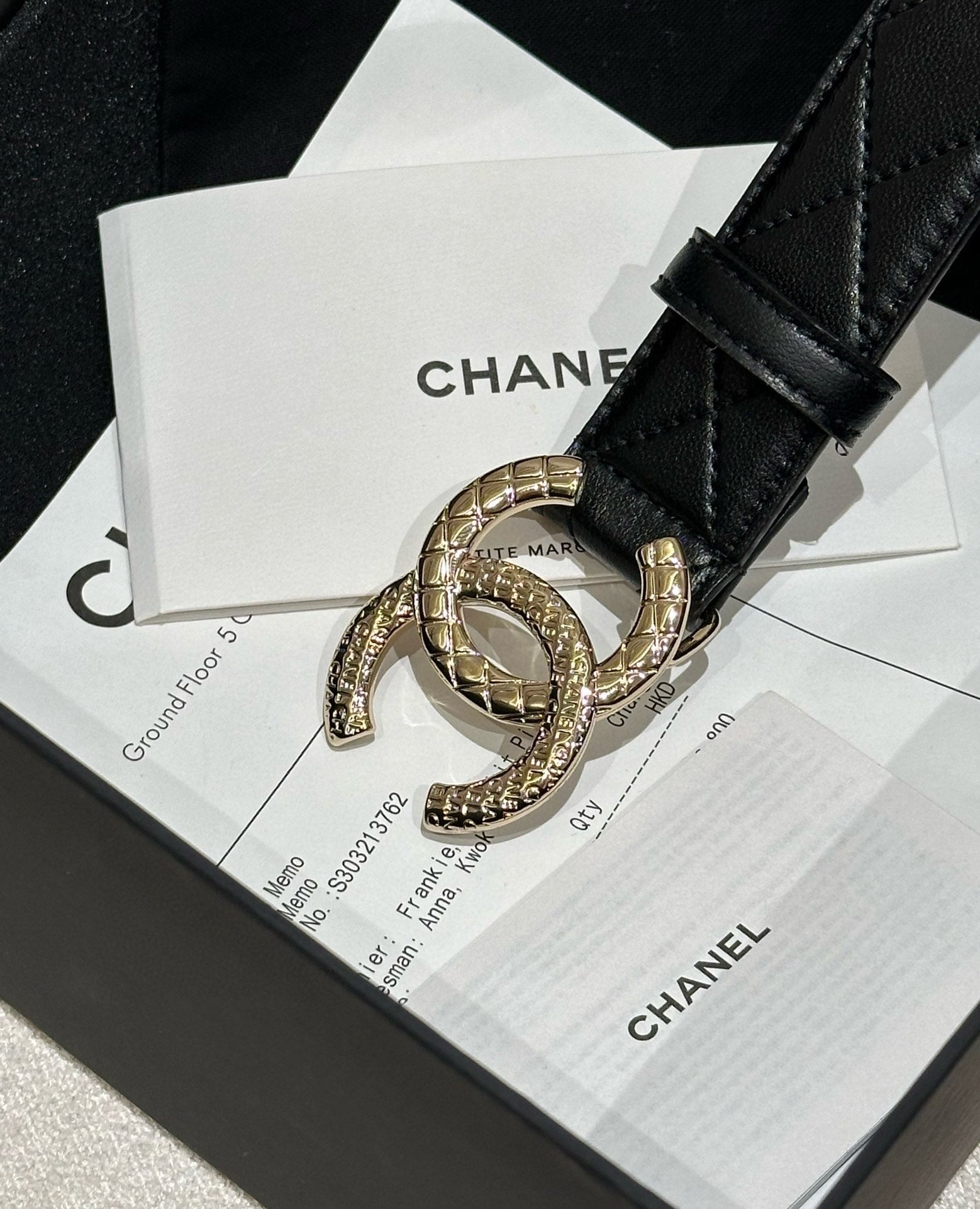 CHANEL DOUBLE C BELT 30MM IN BLACK CALFSKIN EMBOSSED LOGO GOLD BUCKLE