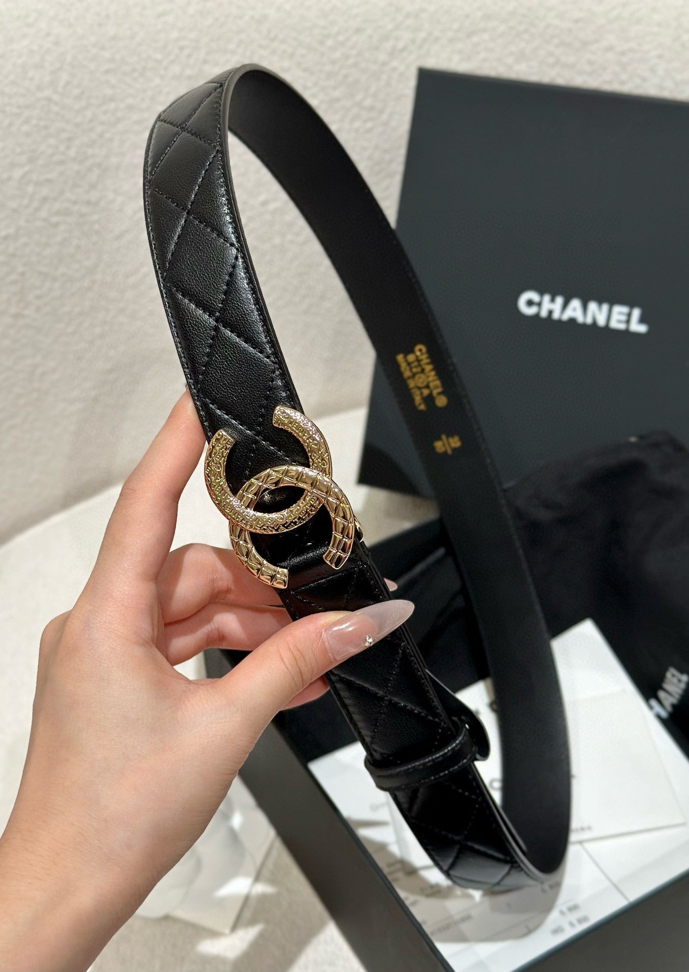 CHANEL DOUBLE C BELT 30MM IN BLACK CALFSKIN EMBOSSED LOGO GOLD BUCKLE