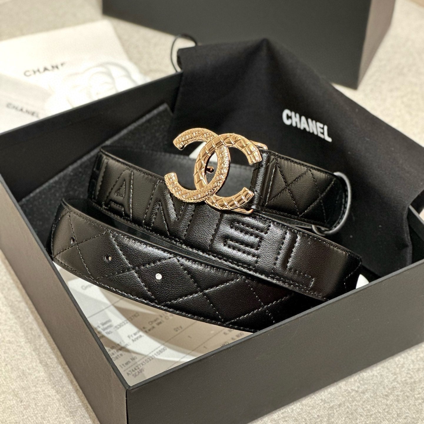CHANEL DOUBLE C BELT 30MM IN BLACK CALFSKIN EMBOSSED LOGO GOLD BUCKLE