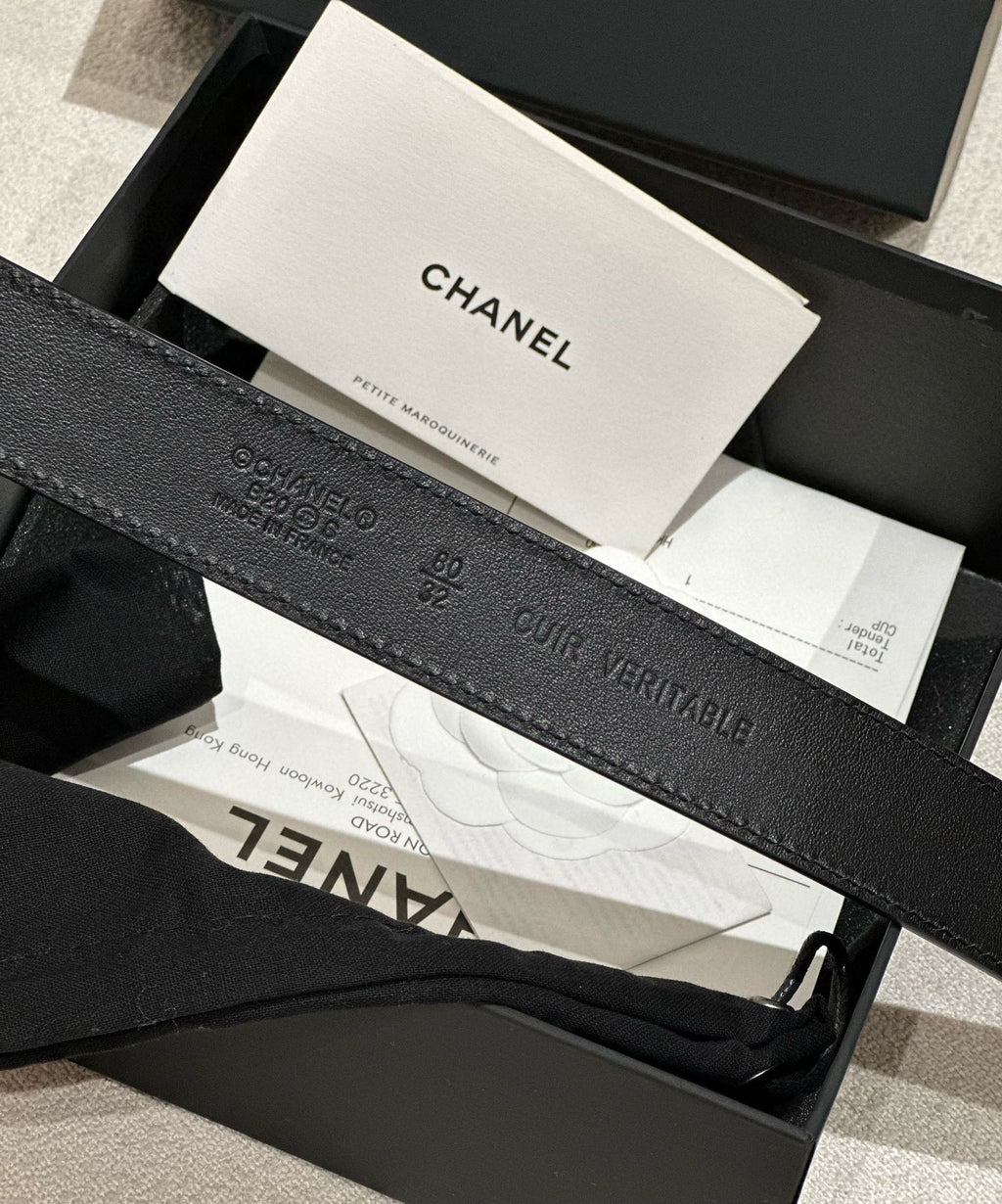 CHANEL DOUBLE C BELT 30MM IN BLACK CALFSKIN GOLD BUCKLE WITH EMBOSSED CHECK PATTERN