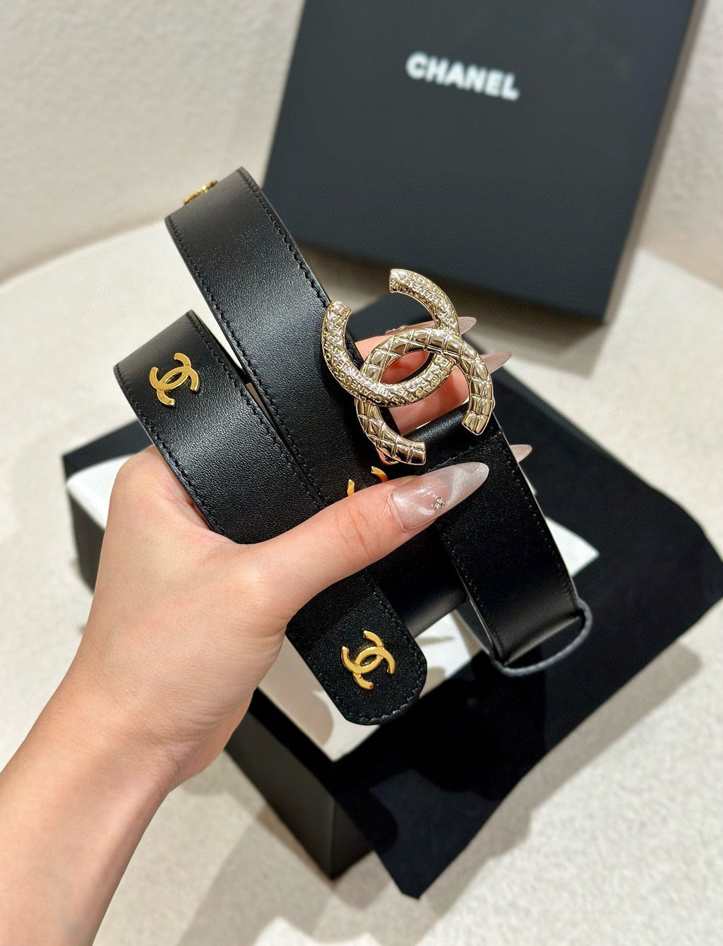 CHANEL DOUBLE C BELT 30MM IN BLACK CALFSKIN GOLD BUCKLE WITH EMBOSSED CHECK PATTERN