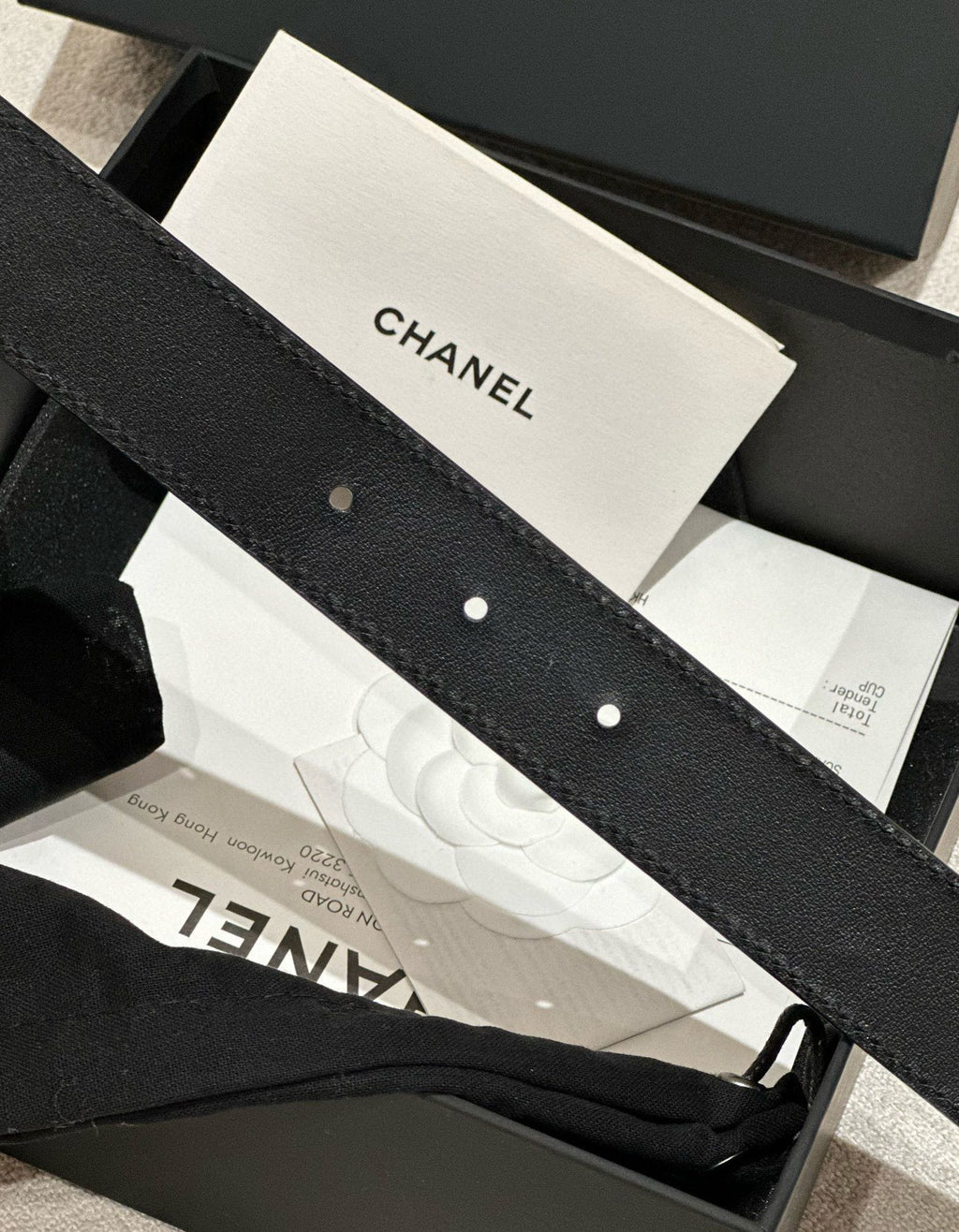 CHANEL DOUBLE C BELT 30MM IN BLACK CALFSKIN GOLD BUCKLE WITH EMBOSSED CHECK PATTERN