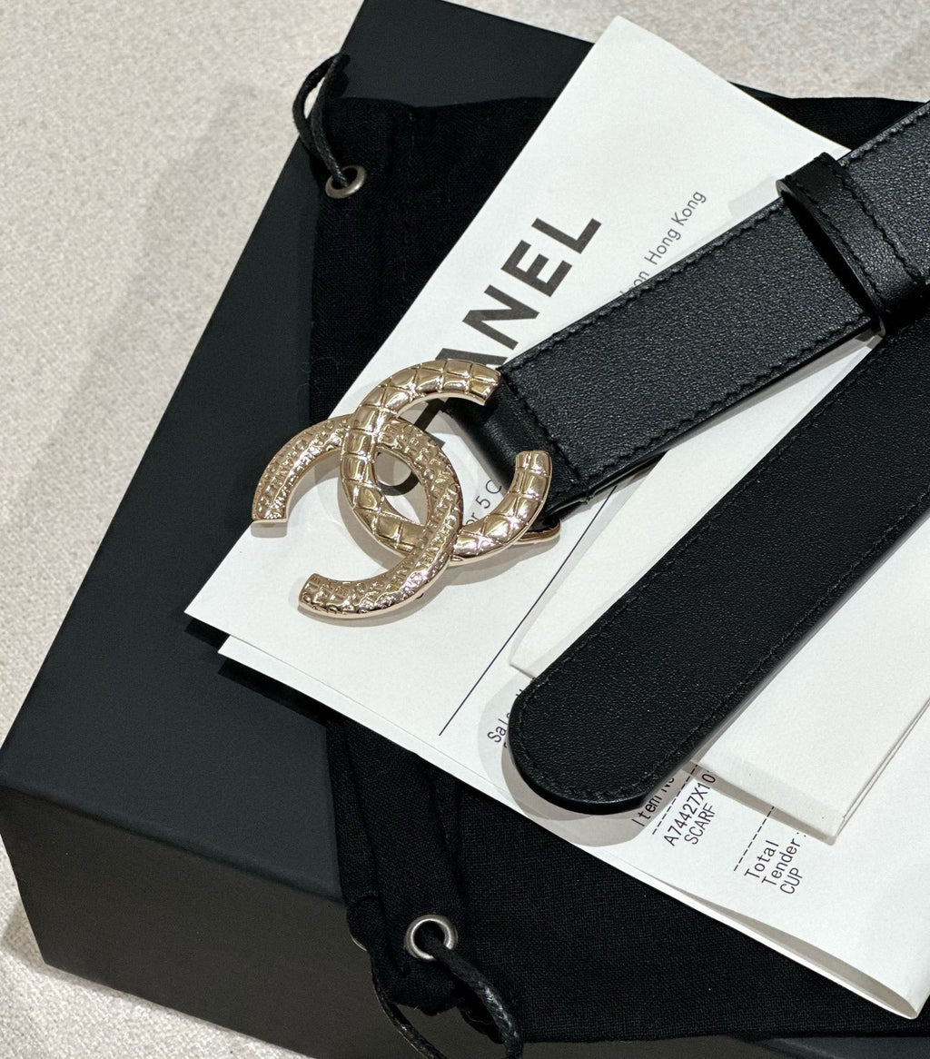 CHANEL DOUBLE C BELT 30MM IN BLACK CALFSKIN GOLD BUCKLE WITH EMBOSSED CHECK PATTERN