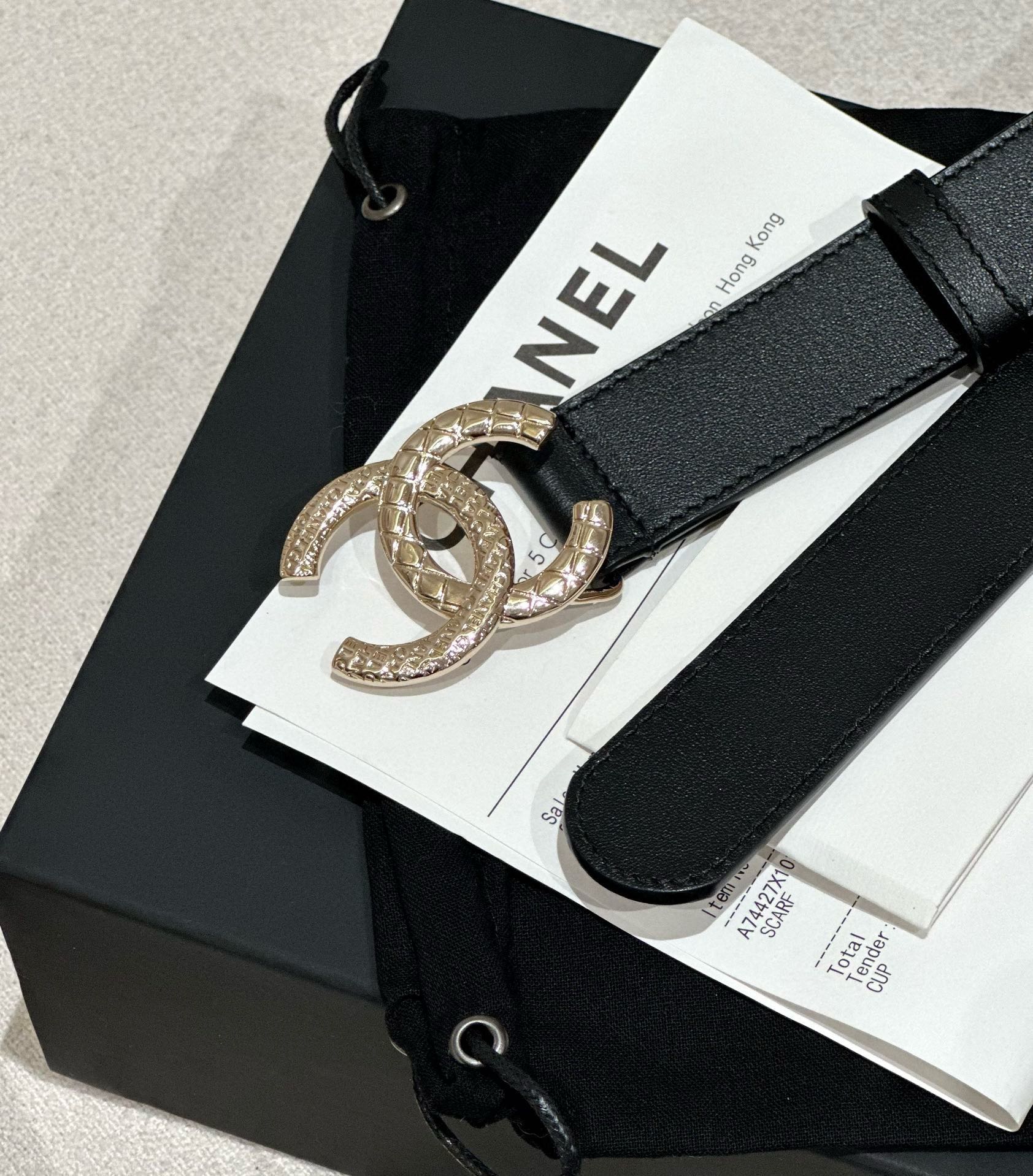 CHANEL DOUBLE C BELT 30MM IN BLACK CALFSKIN GOLD BUCKLE WITH EMBOSSED CHECK PATTERN